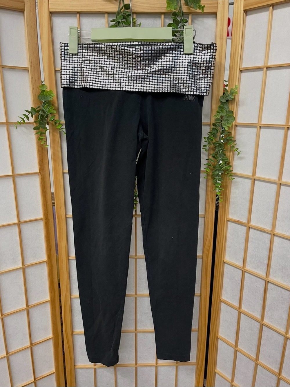 PINK Victoria's Secret Black Leggings with Silver Sequin Fold-Over Waistband